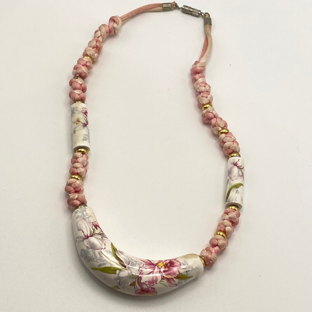 Vintage Necklace Porcelain Ceramic Floral Pink Silk Cord Barrel Beads 18 Inch
